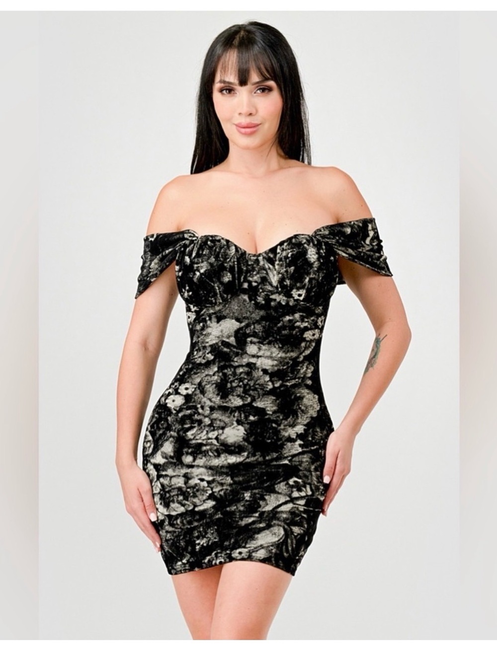 privy Black and White Off-Shoulder Mini Dress with Marble Print - Picture 2 of 8